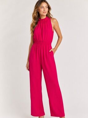 NWT ee:some Hot Pink Sleeveless Jumpsuit with High Ruffled Neck Elastic Waist
